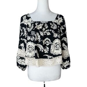 Calligraphie Women's‎ Black and White Floral 3/4 Sleeve Boxy Blouse Size S